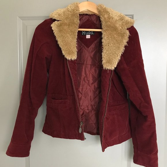 Mudd Jackets & Blazers - Vintage Mudd Burgundy Corduroy Faux Fur Collar Zip Up Jacket - Size S